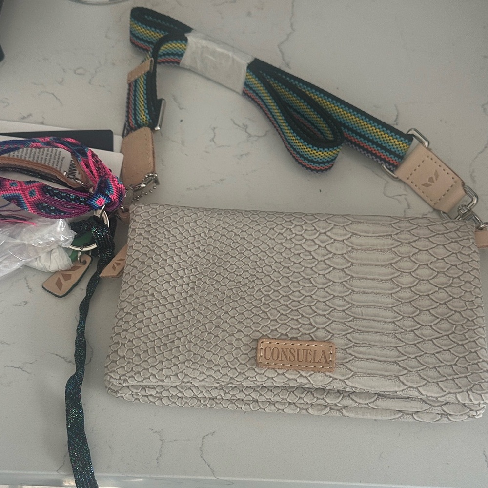 Consuela White Snakeskin Crossbody with Colorful Strap
